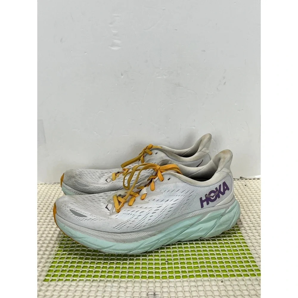 Hoka One One Clifton 8 Running Shoes Women's 9.5 White Blue Yellow 1119394 BDBW